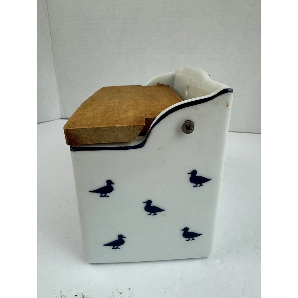 Vintage Shafford Blue Ducks Fine Porcelain Wall Hanging Salt Box Wooden Lid
